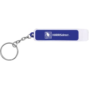 A drink bottle opener in blue and white with a keyring attachment, featuring a logo on its side.