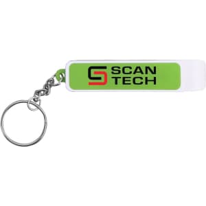 A green and white bottle opener with a keyring attachment, featuring a logo on one side.