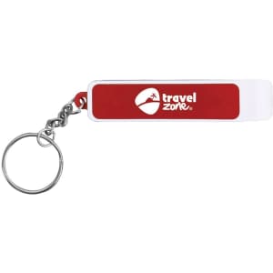 A drink bottle opener in red and white, featuring a keychain attachment and a logo.