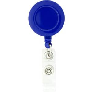 A round blue badge holder with a retractable clear strap and a metal clip at the end.