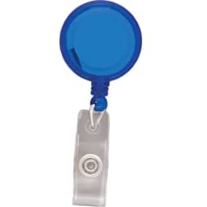 A blue round badge holder with a clear attachment clip and a retractable cord.