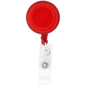 A round red badge holder with a retractable strap and a clear plastic clip.