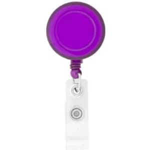 A round badge holder featuring a purple reel and a white clip. It has a logo on the front.