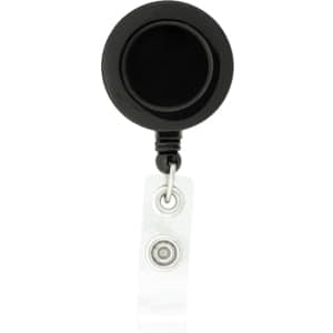 A round black badge holder with a retractable clear strap and a swivel clip at the end.
