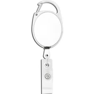 A retractable badge holder featuring a silver clip and a clear retractable cord for easy access.