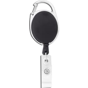 A black retractable badge holder with a metal carabiner and a silver clip for attachment. Features a logo.