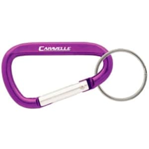 A purple 60mm carabiner with a silver keyring and a logo.