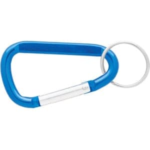 A blue 60mm carabiner with a silver keyring attachment. The product features a logo.