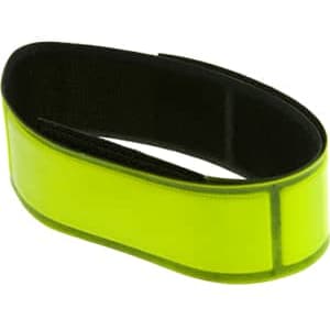 A reflective wristband in bright yellow with a black interior, featuring a logo or branding.
