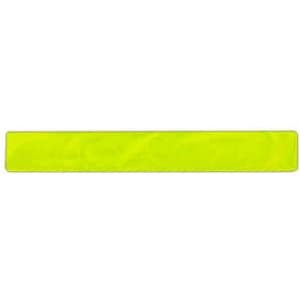 A reflective slap wristband in bright yellow, featuring a smooth, flexible design and a logo.
