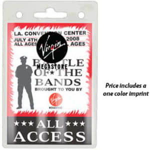 A clear badge holder, featuring a rounded top and a slot for attachment, with a logo present.