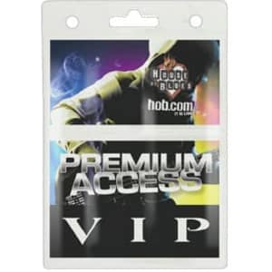 A clear plastic badge holder, featuring a logo and vibrant graphics in multiple colours. Ideal for ID display.