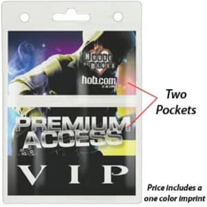 A clear badge holder with two pockets, featuring a top slot for a lanyard, suitable for displaying cards or badges.