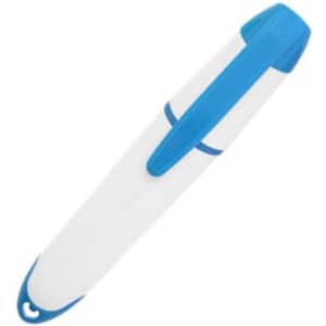 A highlighter in white and blue, featuring a sleek design and a clip on the side. It has a branding logo.