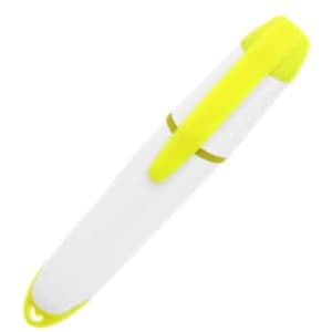 A highlighter with a white and bright yellow design, featuring a clip and a rounded tip. It includes a logo.