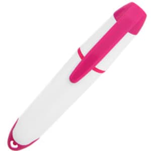 A highlighter in pink and white with a rounded top and a clip. It features a logo on the side.