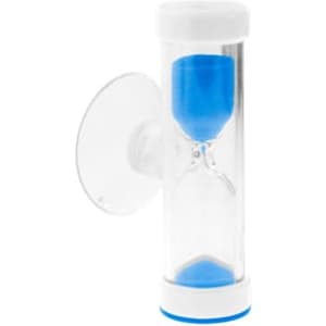 A sand timer with a clear plastic case and blue sand, featuring a suction cup for attachment.