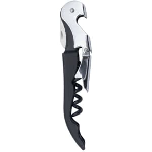 A drink bottle opener featuring a black handle and silver metallic components, with a logo present on the surface.