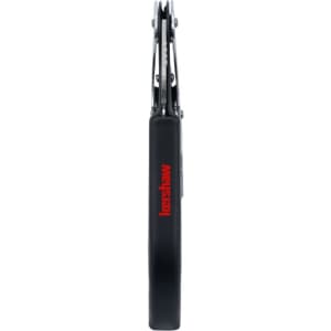 A drink bottle opener with a sleek black handle and a silver metal opener, featuring a visible logo.