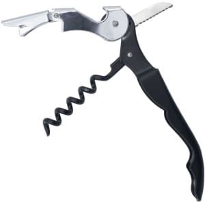 A drink bottle opener in silver and black with a corkscrew and lever function, featuring a logo.