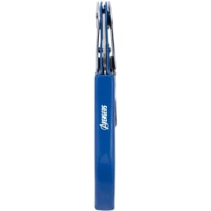 A drink bottle opener in blue and silver, featuring a logo. It has a sleek and compact design.