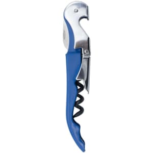 A drink bottle opener with a silver and blue design, featuring a corkscrew and a lever. It has a logo.