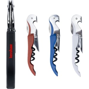 A drink bottle opener set featuring four tools in black, brown, blue, and white, with metal accents and a logo.