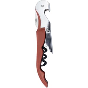 A drink bottle opener in red and silver, featuring a corkscrew mechanism and a branding logo.