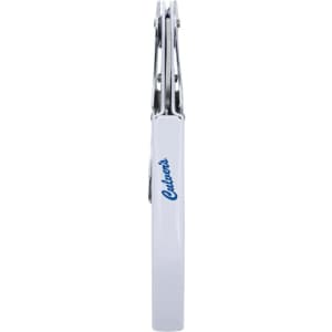 A drink bottle opener in white with silver detailing and a logo on the side, designed for keyring attachment.