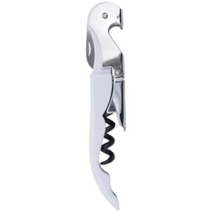 A drink bottle opener in silver and white with a corkscrew and a knife, featuring a logo on the handle.