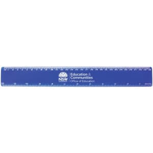 A 30cm blue plastic ruler with measurements marked along its length and a logo on one side.