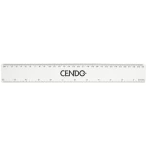 A clear plastic ruler measuring 30cm, featuring black measurement markings and a logo.