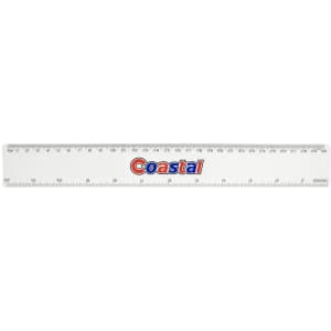A clear plastic ruler measuring 30cm, featuring a logo and marked with measurements in centimetres and millimetres.