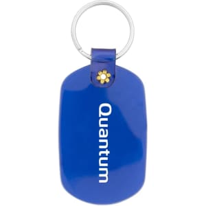 A blue oval keychain with a silver keyring and a small decorative element at the top. It features branding on the front.