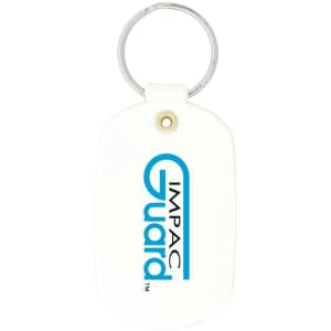 An oval white keychain with a metal ring and a logo in blue text.