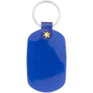 A blue oval keychain with a silver keyring and a decorative flower detail on the strap.