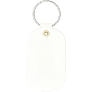 A white oval keychain featuring a silver keyring and a decorative brass eyelet.