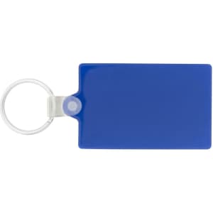 A blue rectangular keychain with a silver keyring attachment and a transparent connector.