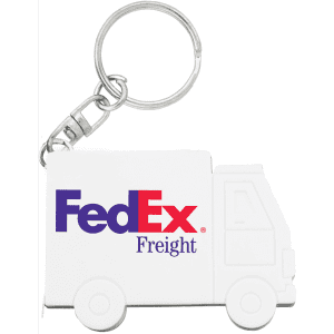 A white truck-shaped keychain with a logo, featuring two wheels and a keyring attachment.