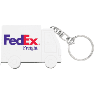 A white truck-shaped keychain with a keyring attachment, featuring a logo.