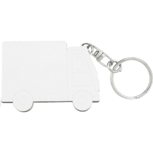 A white keychain shaped like a truck with a silver keyring attachment.