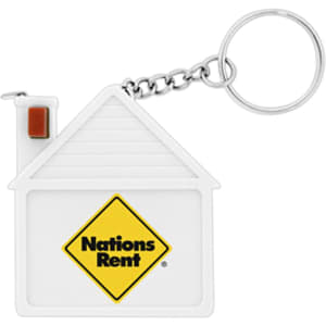 A house-shaped keychain featuring a chain and an attached logo, predominantly white with a yellow and black design.
