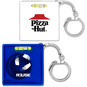 A blue and white keychain featuring a tape measure and a level, with a logo on one side.
