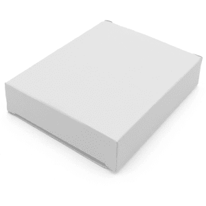 A plain white box with a slightly raised lid, featuring smooth, clean edges.