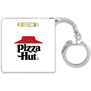 A tape measure with a level key chain featuring a red and white design and a logo.
