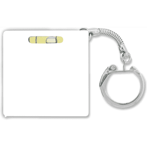 A keychain featuring a tape measure with a built-in level, in a compact, square design. It includes a silver keyring.