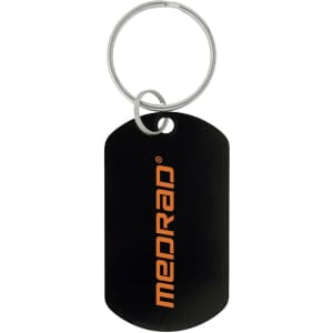 A black dog tag keychain with a silver metal keyring and an orange logo.