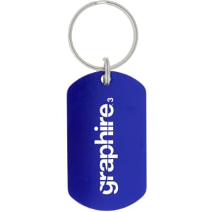 A blue dog tag keychain with a metal ring and a branding logo.