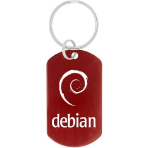 A red dog tag keychain featuring a circular logo and the word "debian".
