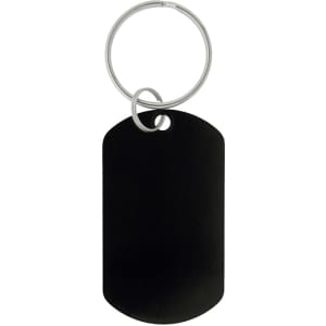 A black dog tag keychain with a metal ring for attachment. The keychain has a smooth, blank surface.